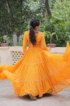 Lorenvalley Fashion Yellow Faux Georgette Bandhej Print with Gotta Patti Lace Work Lehenga Choli | Grocsy