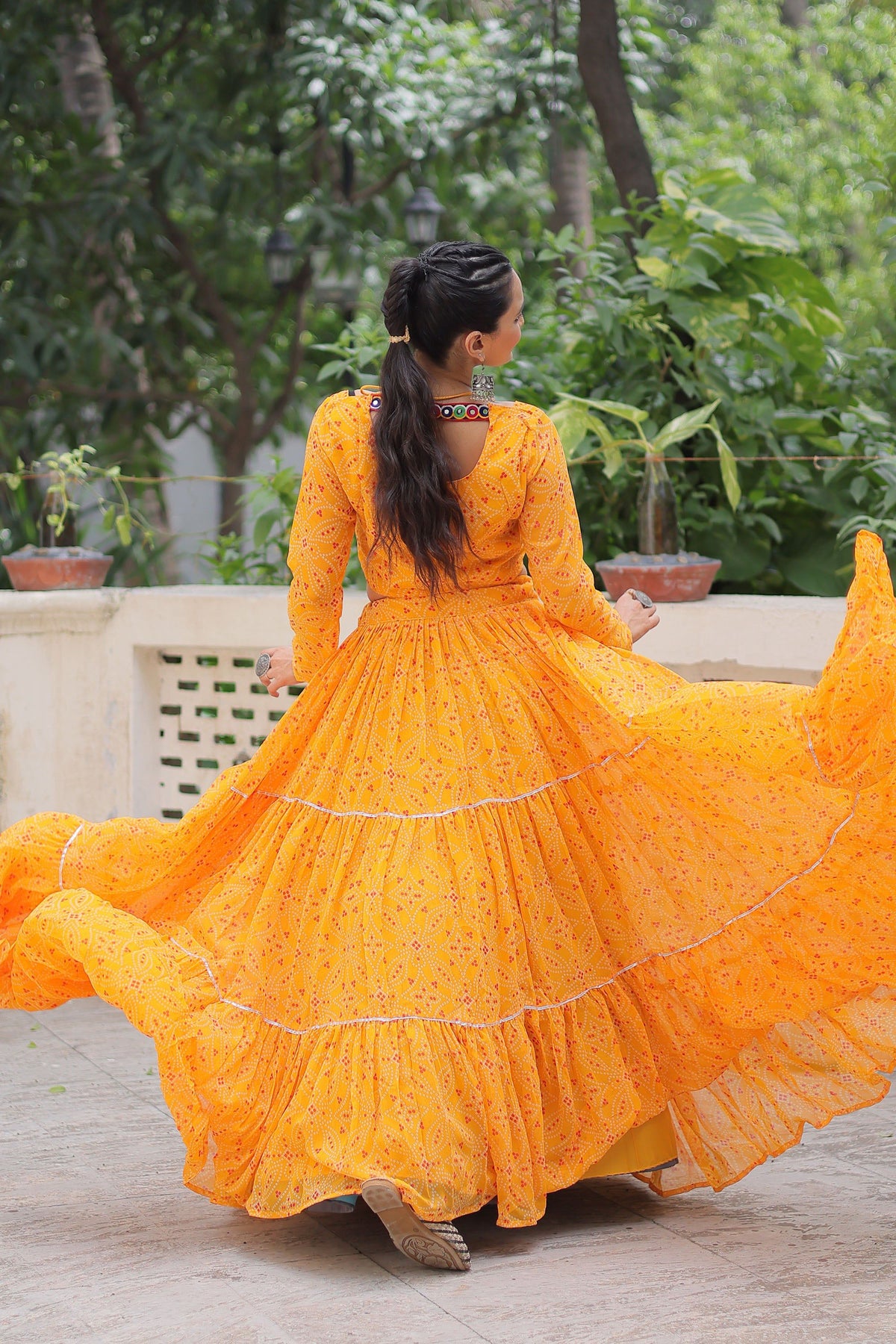Lorenvalley Fashion Yellow Faux Georgette Bandhej Print with Gotta Patti Lace Work Lehenga Choli | Grocsy