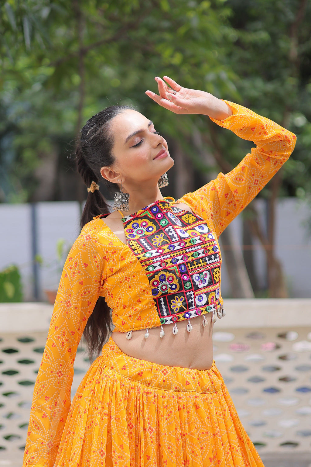 Lorenvalley Fashion Yellow Faux Georgette Bandhej Print with Gotta Patti Lace Work Lehenga Choli | Grocsy