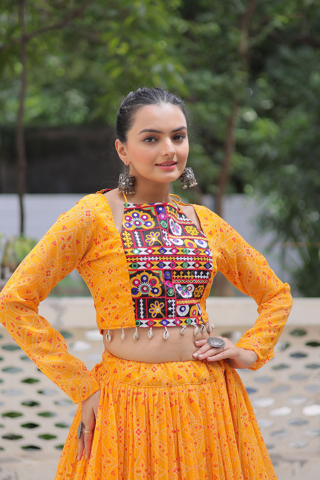 Lorenvalley Fashion Yellow Faux Georgette Bandhej Print with Gotta Patti Lace Work Lehenga Choli | Grocsy