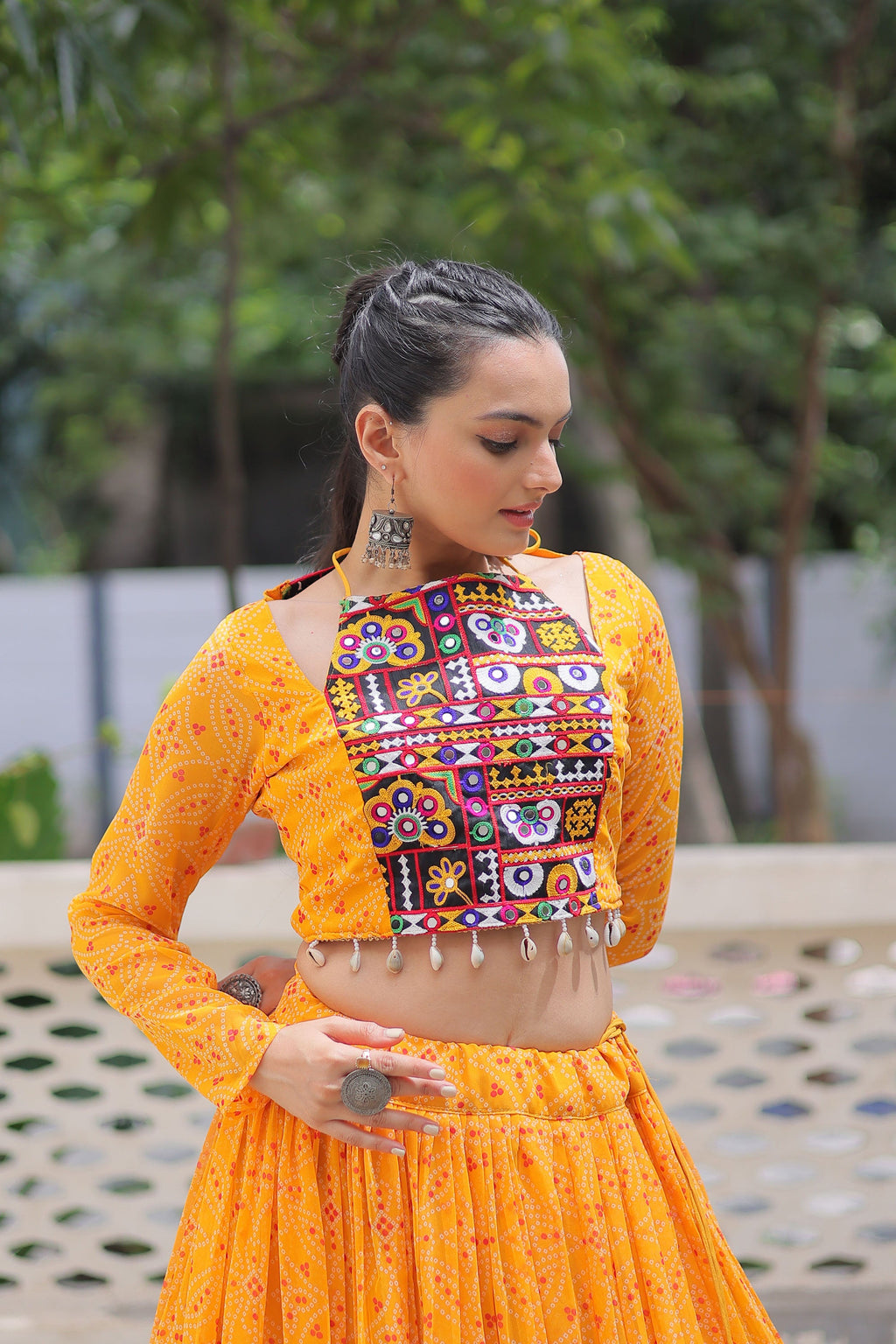 Lorenvalley Fashion Yellow Faux Georgette Bandhej Print with Gotta Patti Lace Work Lehenga Choli | Grocsy