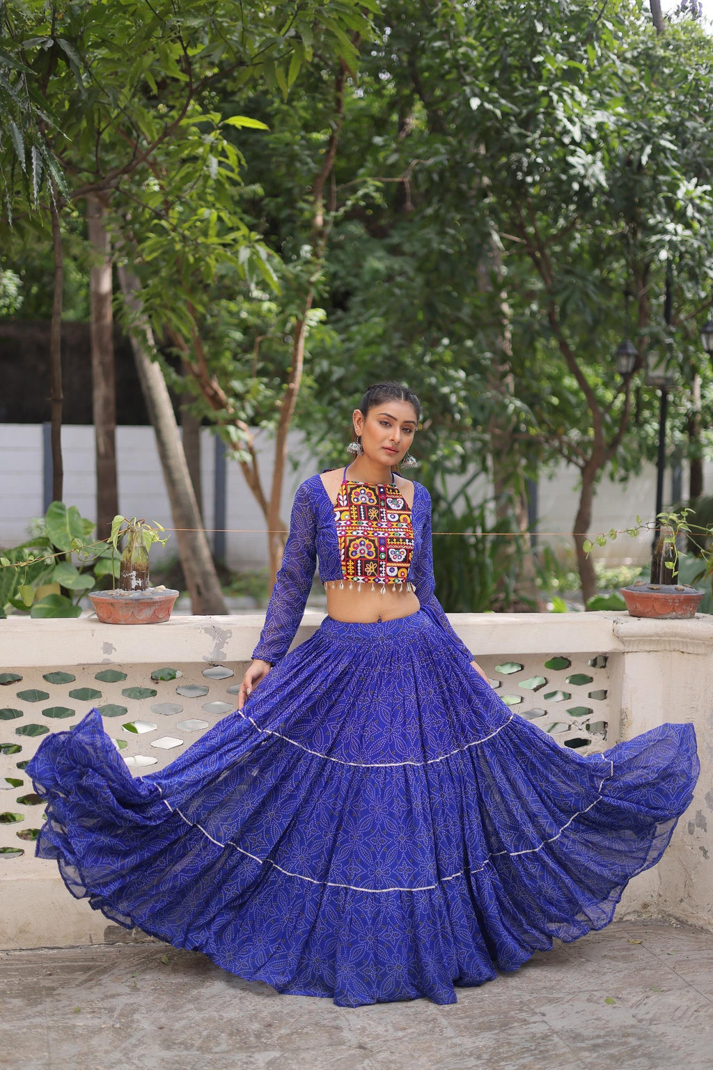 Prazu Fashion Blue Georgette Bandhej Print With Gotta Patti Lehenga For Navratri | Grocsy