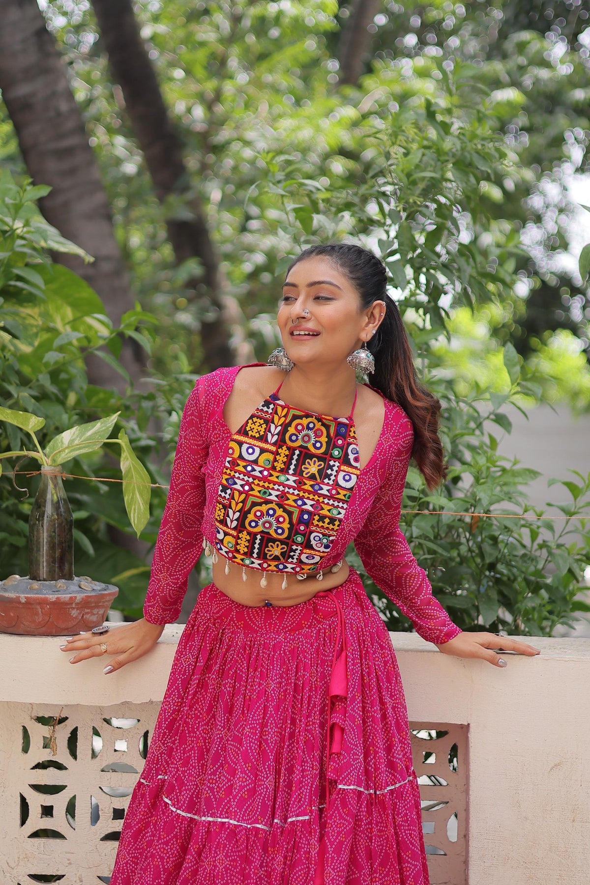 Prazu Fashion Pink Georgette Bandhej Print With Gotta Patti Lehenga For Navratri | Grocsy