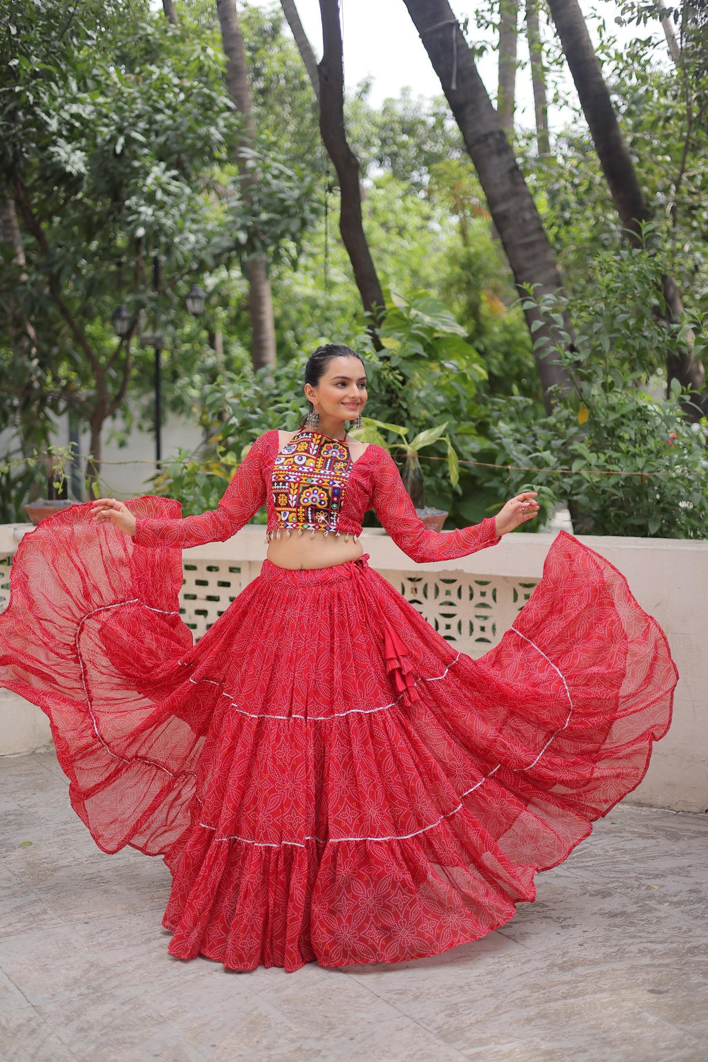 Prazu Fashion Red Georgette Bandhej Print With Gotta Patti Lehenga For Navratri | Grocsy