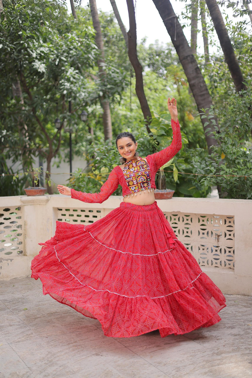 Prazu Fashion Red Georgette Bandhej Print With Gotta Patti Lehenga For Navratri | Grocsy
