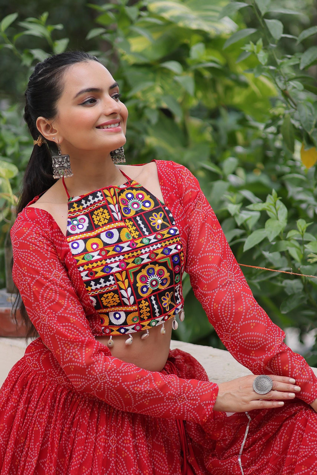 Prazu Fashion Red Georgette Bandhej Print With Gotta Patti Lehenga For Navratri | Grocsy
