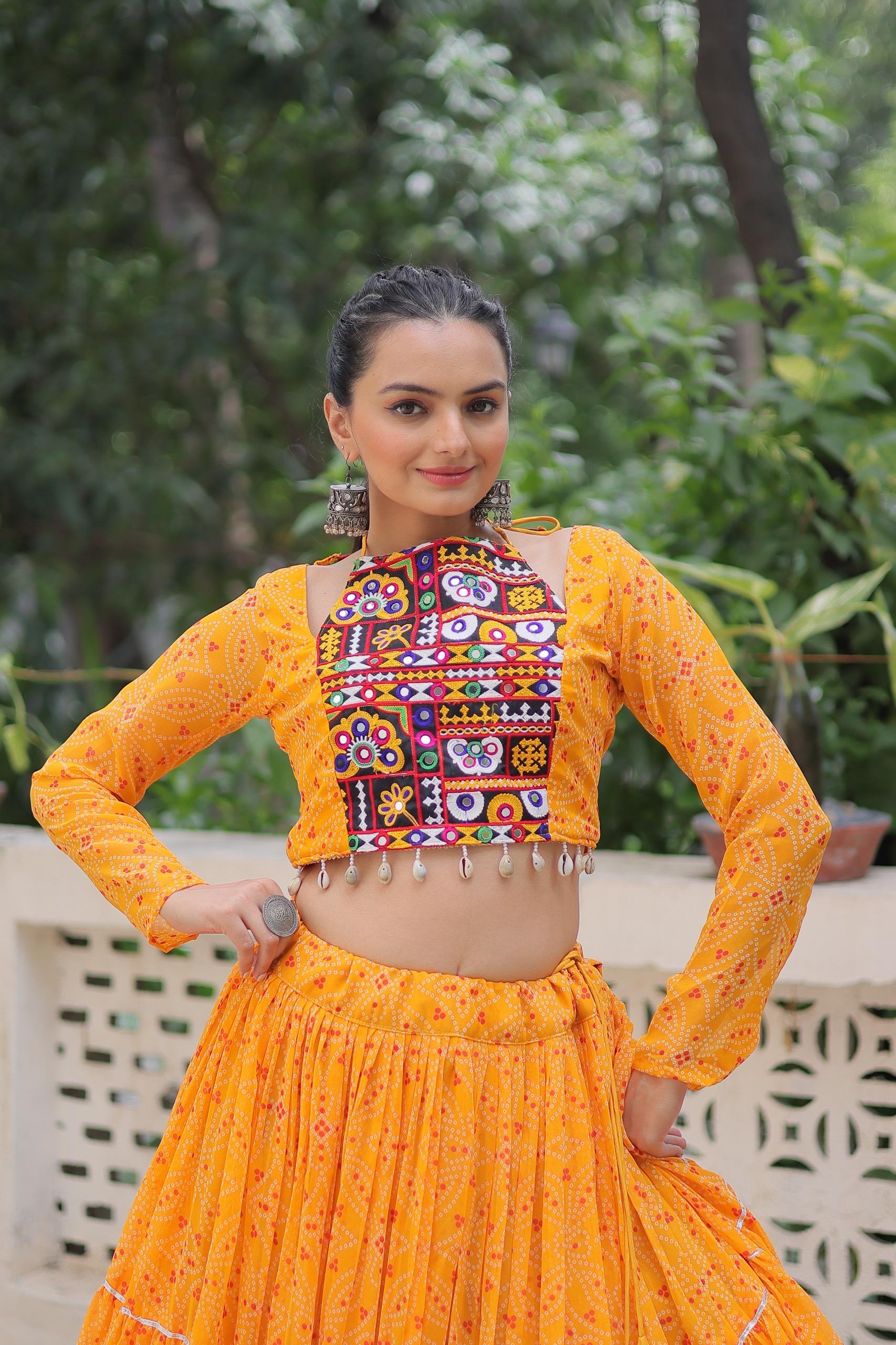 Prazu Fashion Yellow Georgette Bandhej Print With Gotta Patti Lehenga For Navratri | Grocsy