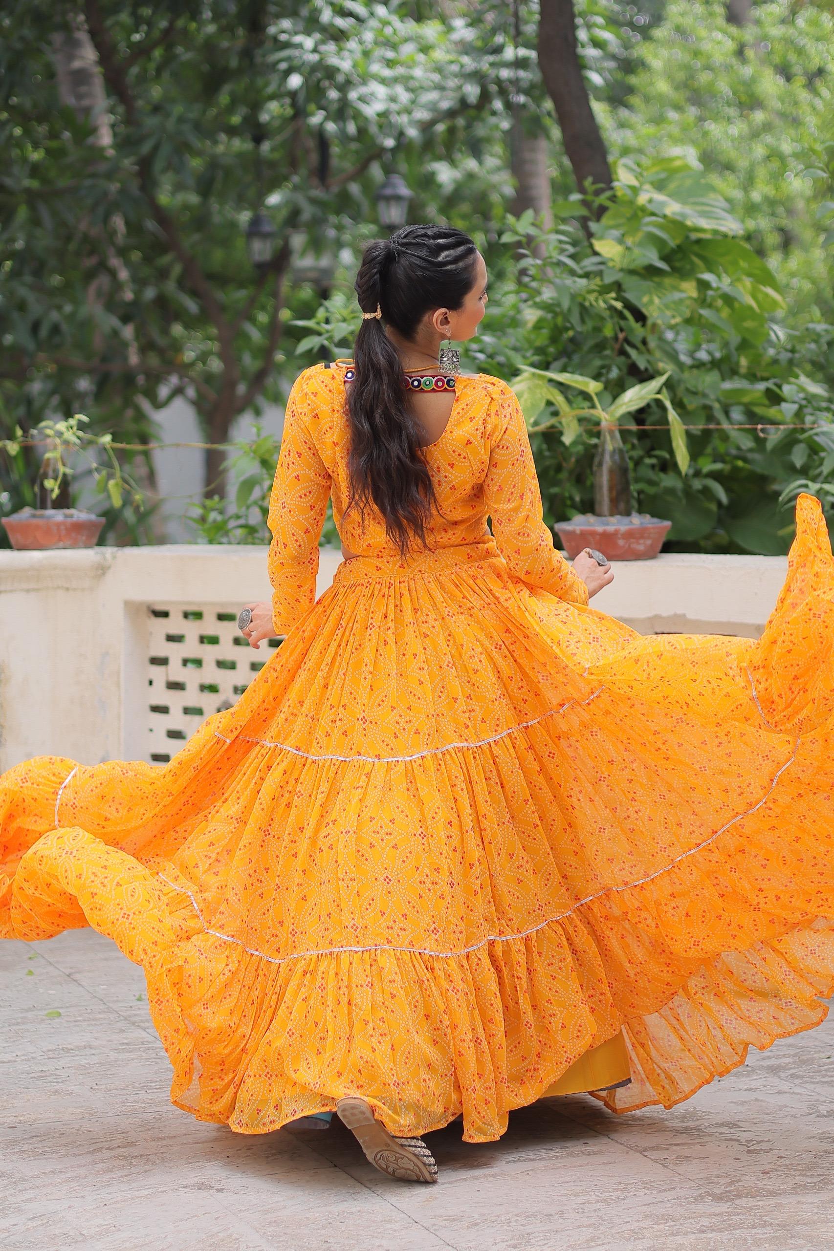 Prazu Fashion Yellow Georgette Bandhej Print With Gotta Patti Lehenga For Navratri | Grocsy