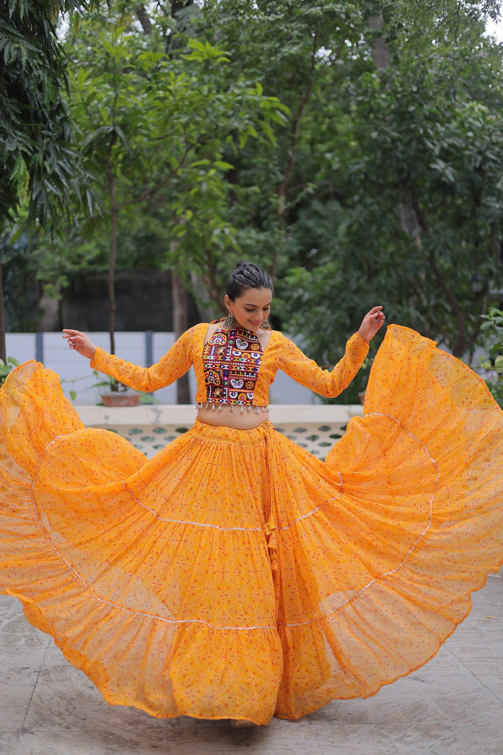 Prazu Fashion Yellow Georgette Bandhej Print With Gotta Patti Lehenga For Navratri | Grocsy
