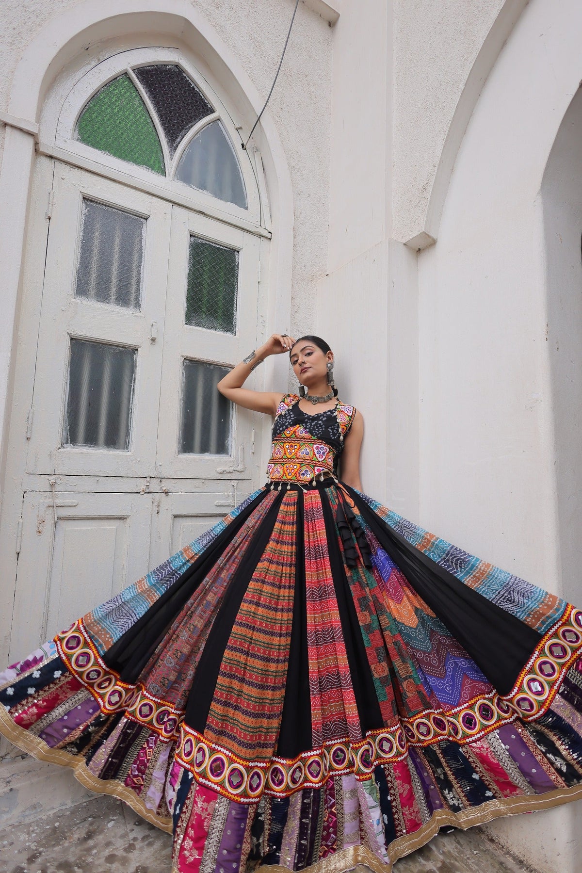 Prazu Fashion Black Georgette Print With Gamthi Work Navratri Lehenga | Grocsy