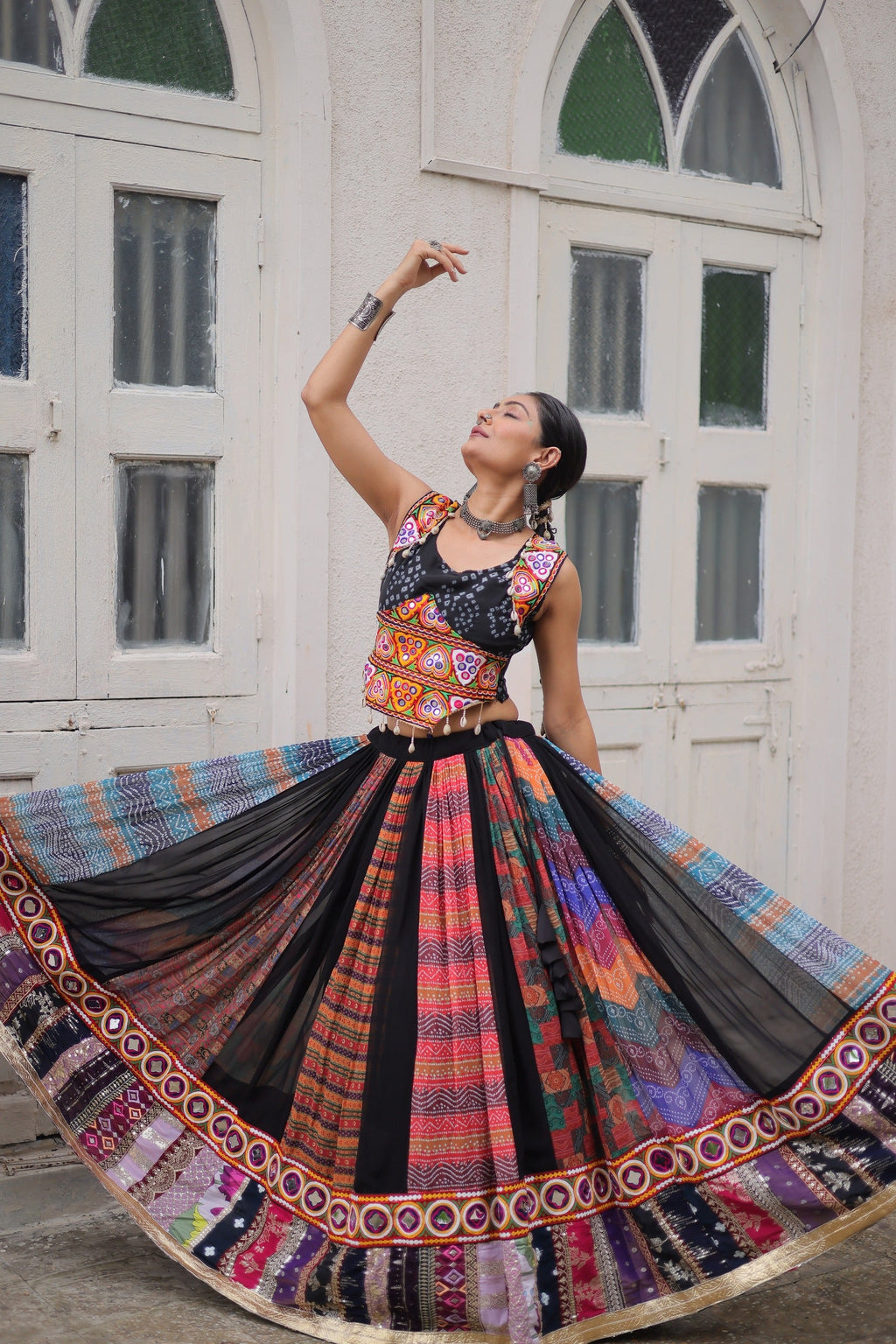 Prazu Fashion Black Georgette Print With Gamthi Work Navratri Lehenga | Grocsy