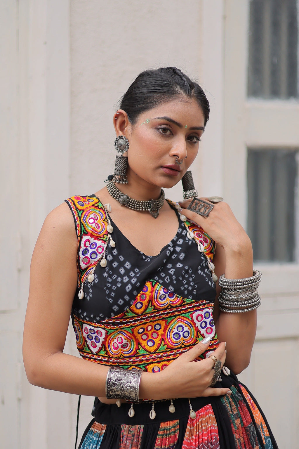 Prazu Fashion Black Georgette Print With Gamthi Work Navratri Lehenga | Grocsy