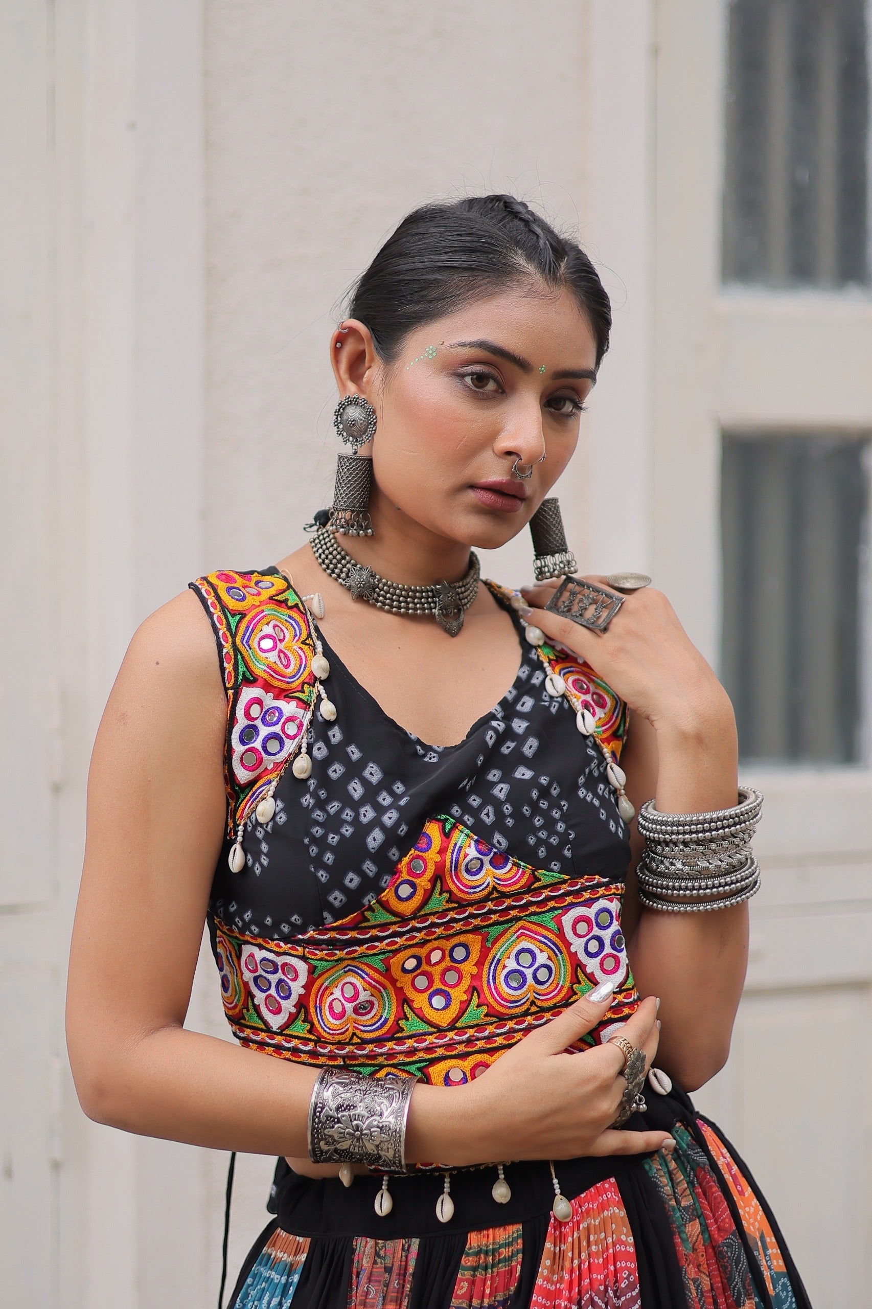 Prazu Fashion Black Georgette Print With Gamthi Work Navratri Lehenga | Grocsy