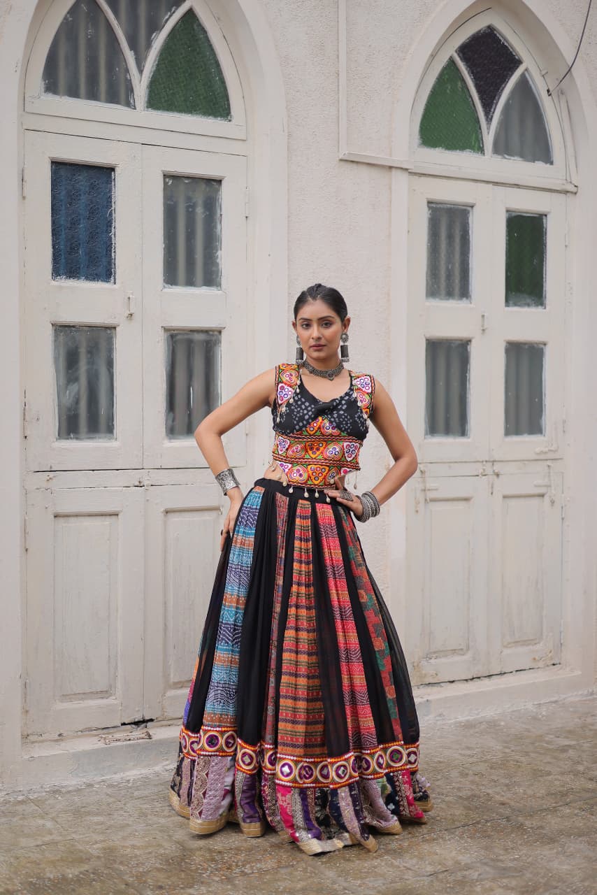 Prazu Fashion Black Georgette Print With Gamthi Work Navratri Lehenga | Grocsy