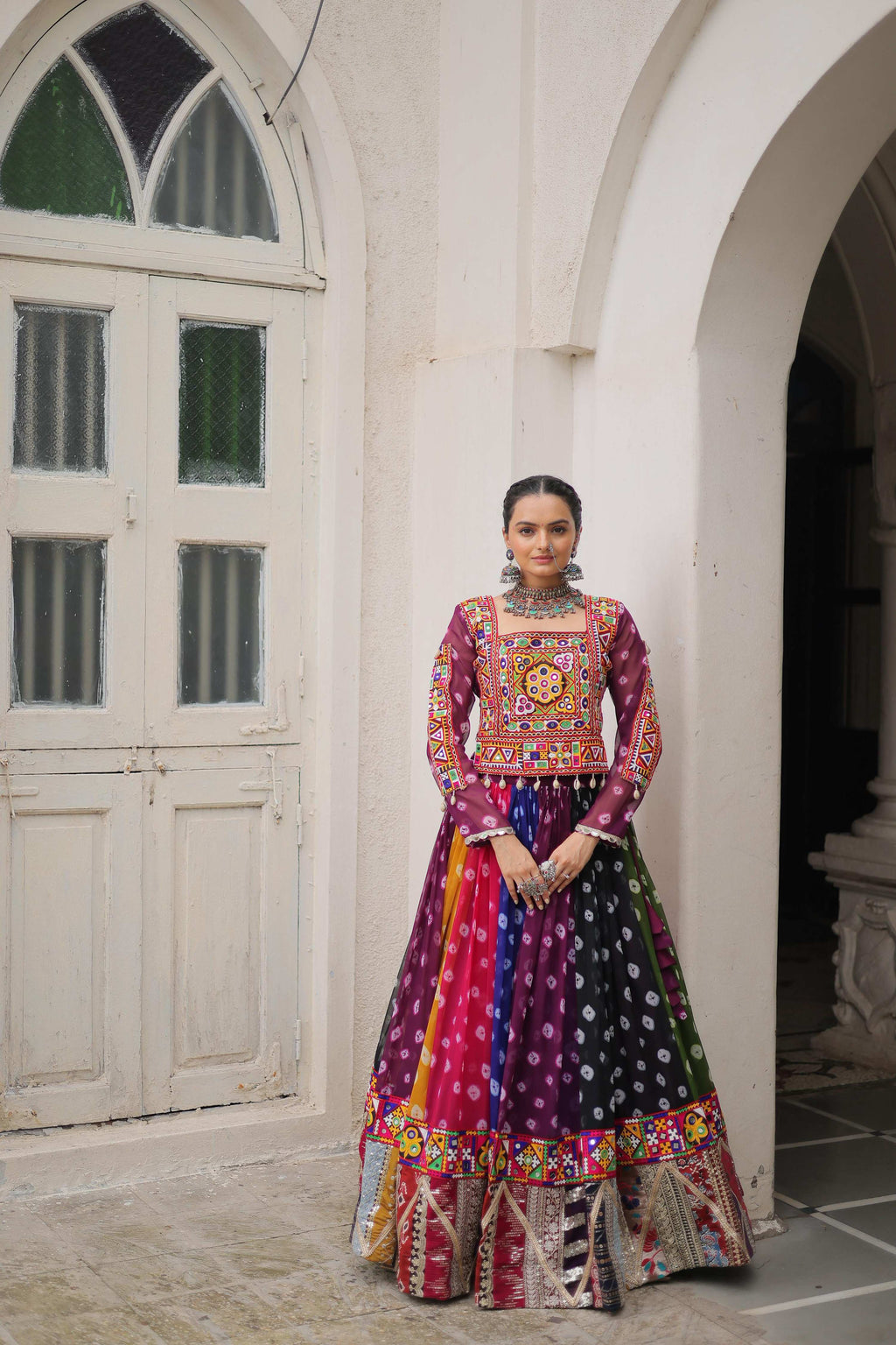 Prazu Fashion Multi Color Georgette With Kutchi Gamthi Work Lehenga For Navratri | Grocsy