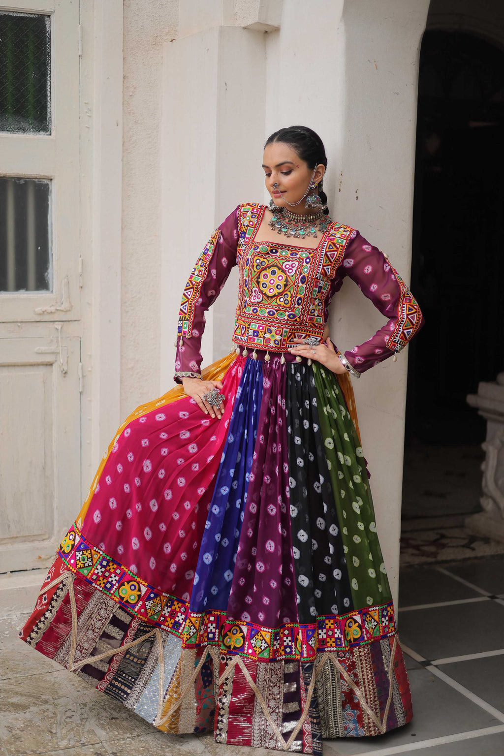 Prazu Fashion Multi Color Georgette With Kutchi Gamthi Work Lehenga For Navratri | Grocsy