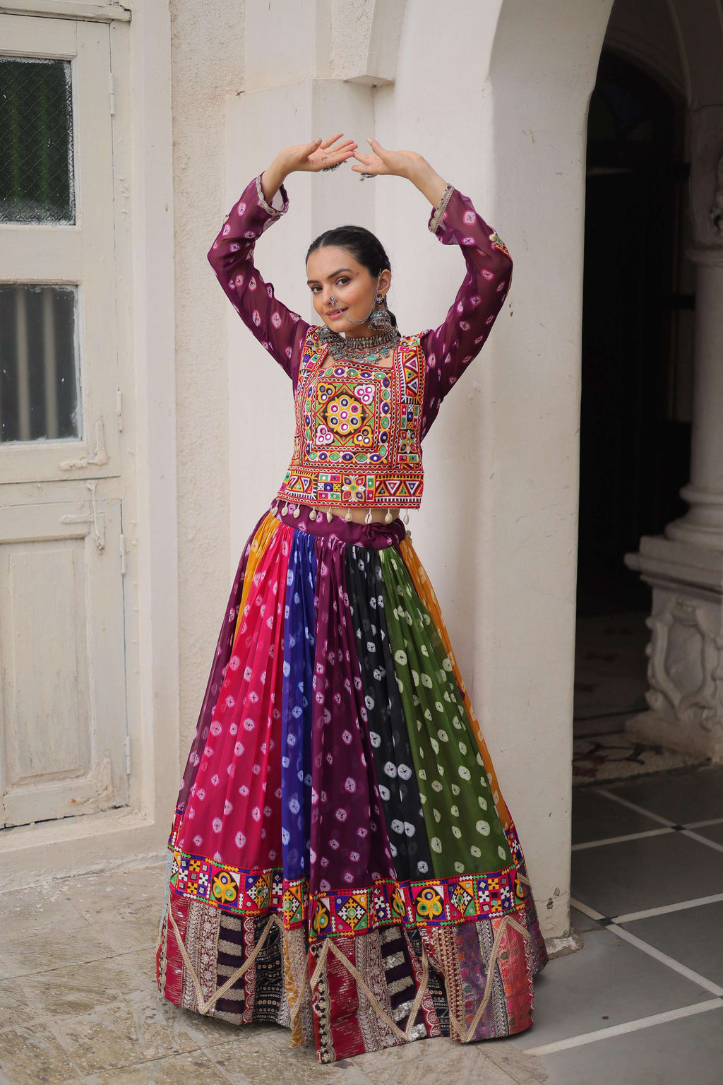 Prazu Fashion Multi Color Georgette With Kutchi Gamthi Work Lehenga For Navratri | Grocsy