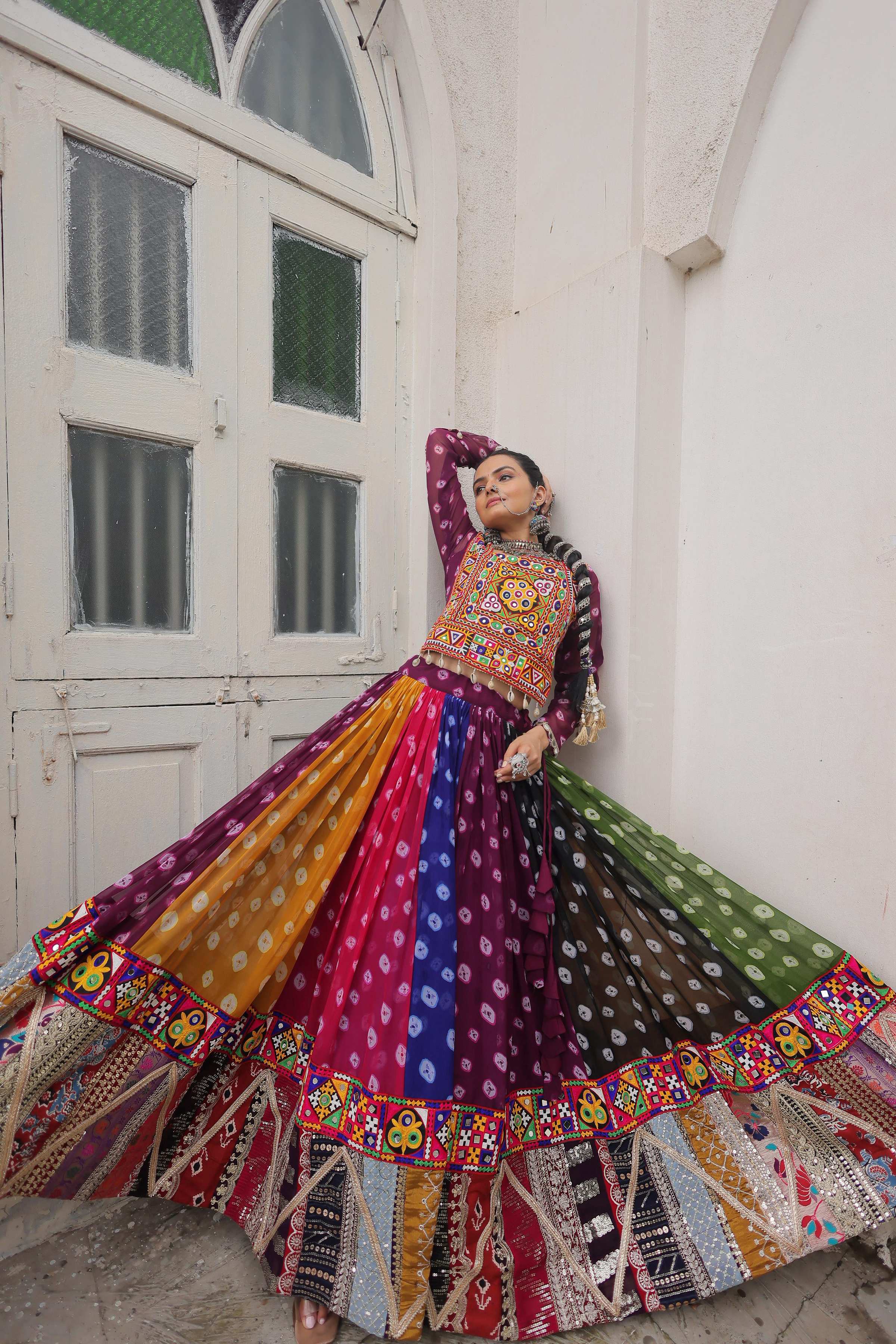 Prazu Fashion Multi Color Georgette With Kutchi Gamthi Work Lehenga For Navratri | Grocsy