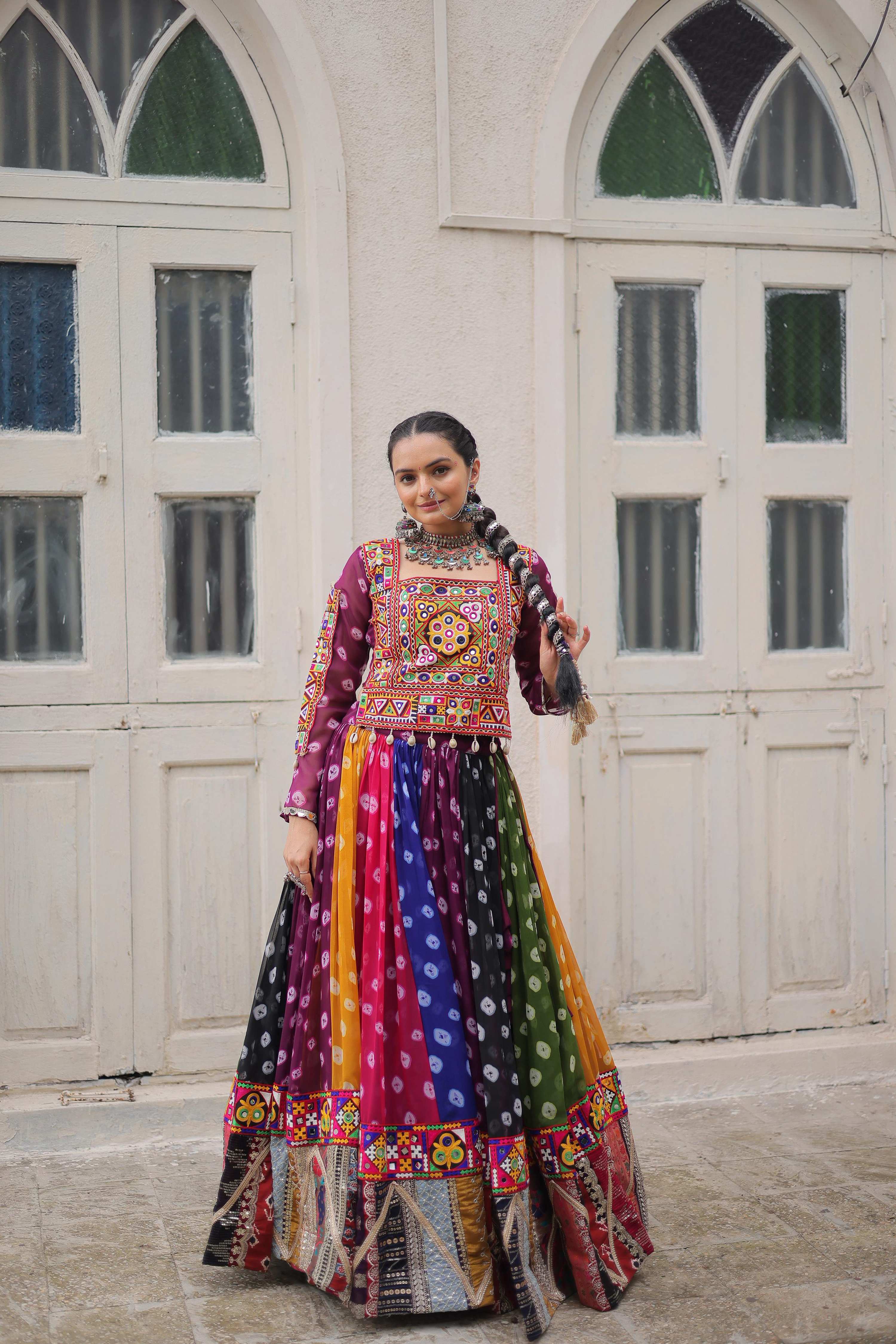 Prazu Fashion Multi Color Georgette With Kutchi Gamthi Work Lehenga For Navratri | Grocsy