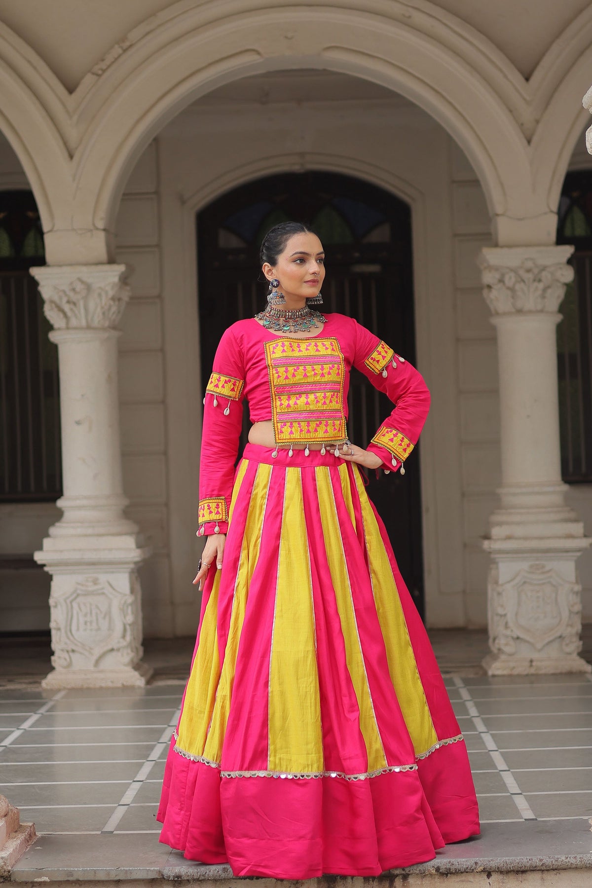Lorenvalley Fashion Multicolor Roman Silk with attractive combination of Mirror lace embellished work Lehenga Choli | Grocsy