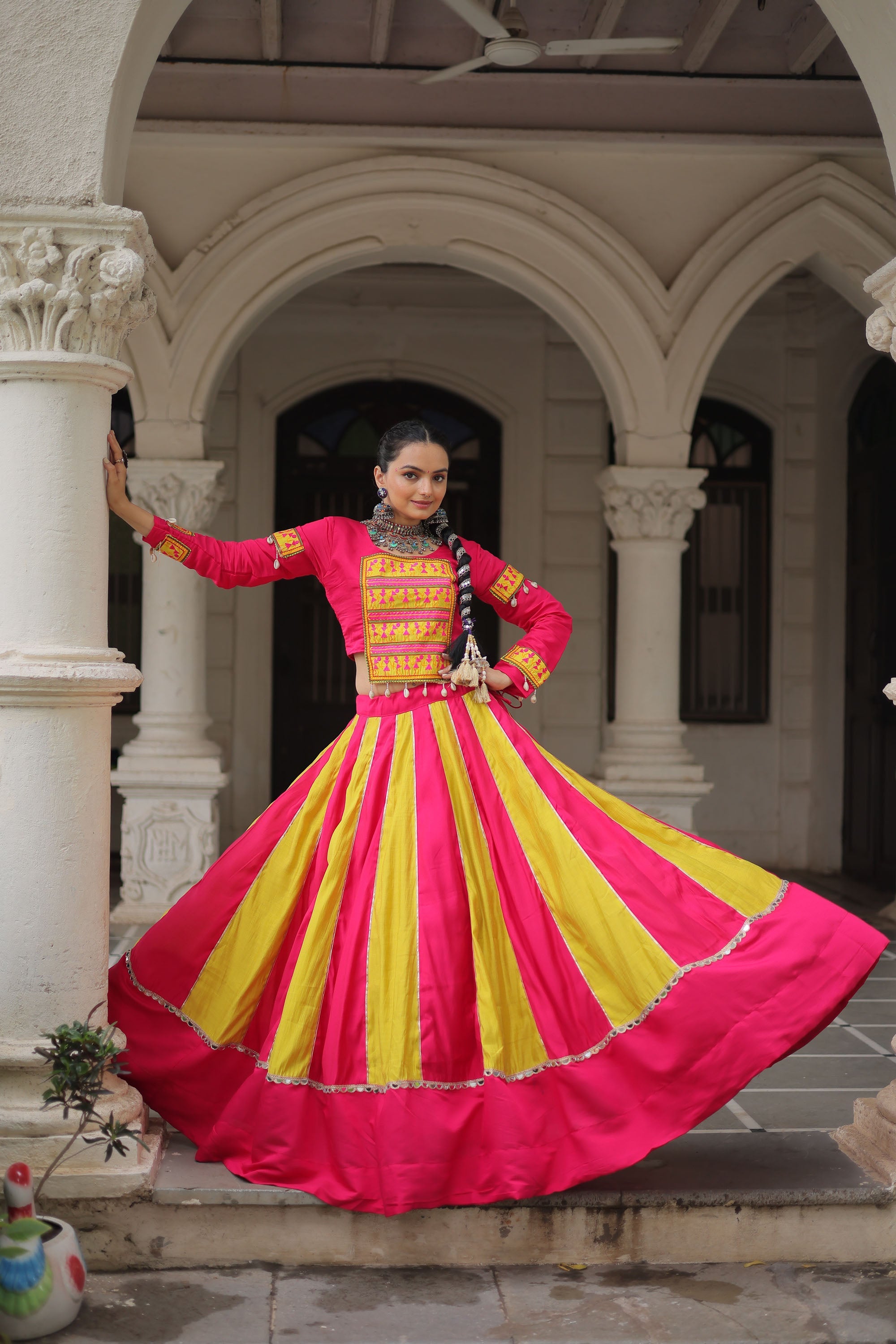 Lorenvalley Fashion Multicolor Roman Silk with attractive combination of Mirror lace embellished work Lehenga Choli | Grocsy