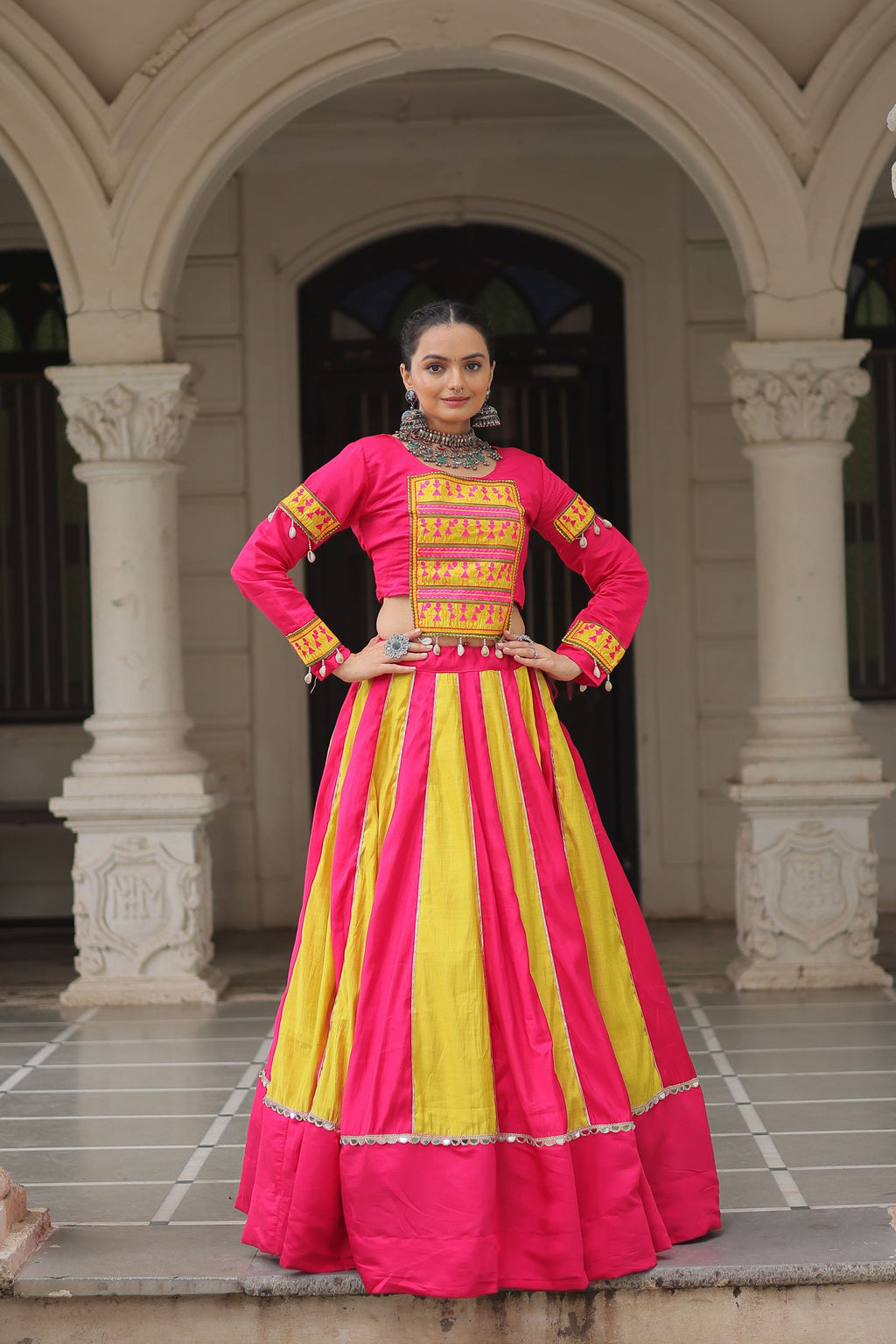 Lorenvalley Fashion Multicolor Roman Silk with attractive combination of Mirror lace embellished work Lehenga Choli | Grocsy