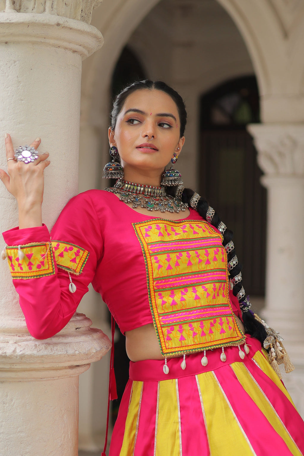 Lorenvalley Fashion Multicolor Roman Silk with attractive combination of Mirror lace embellished work Lehenga Choli | Grocsy