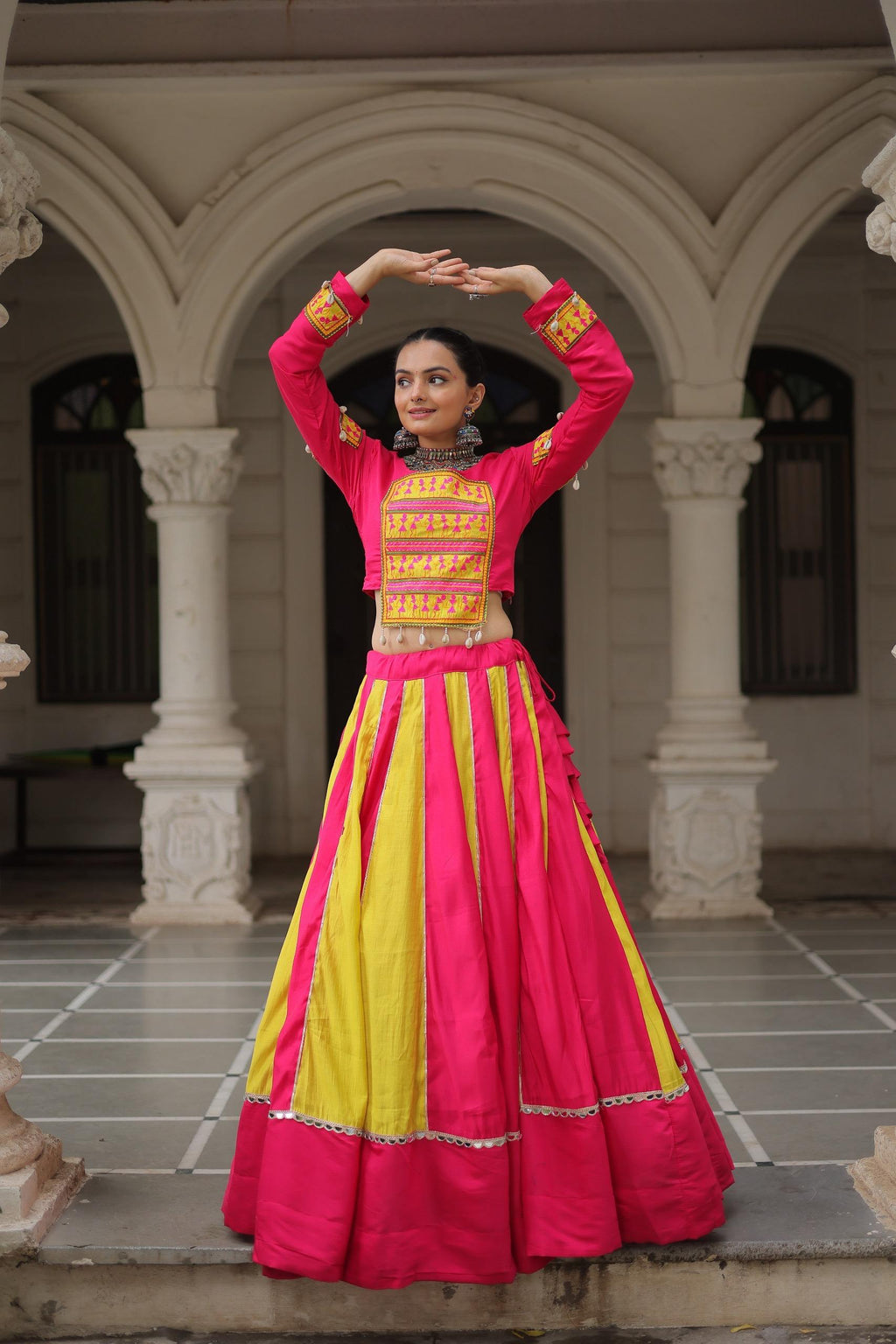 Prazu Fashion Pink Roman With Gamthi Thread Embroidered Work Lehenga For Navratri | Grocsy