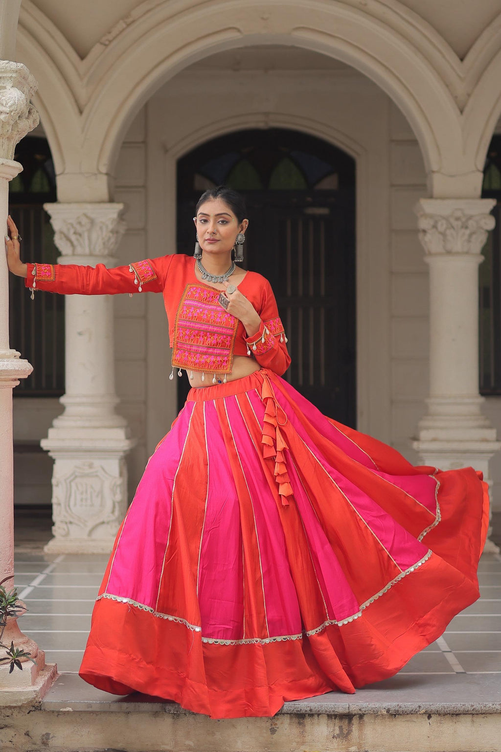 Prazu Fashion Red Roman With Gamthi Thread Embroidered Work Lehenga For Navratri | Grocsy