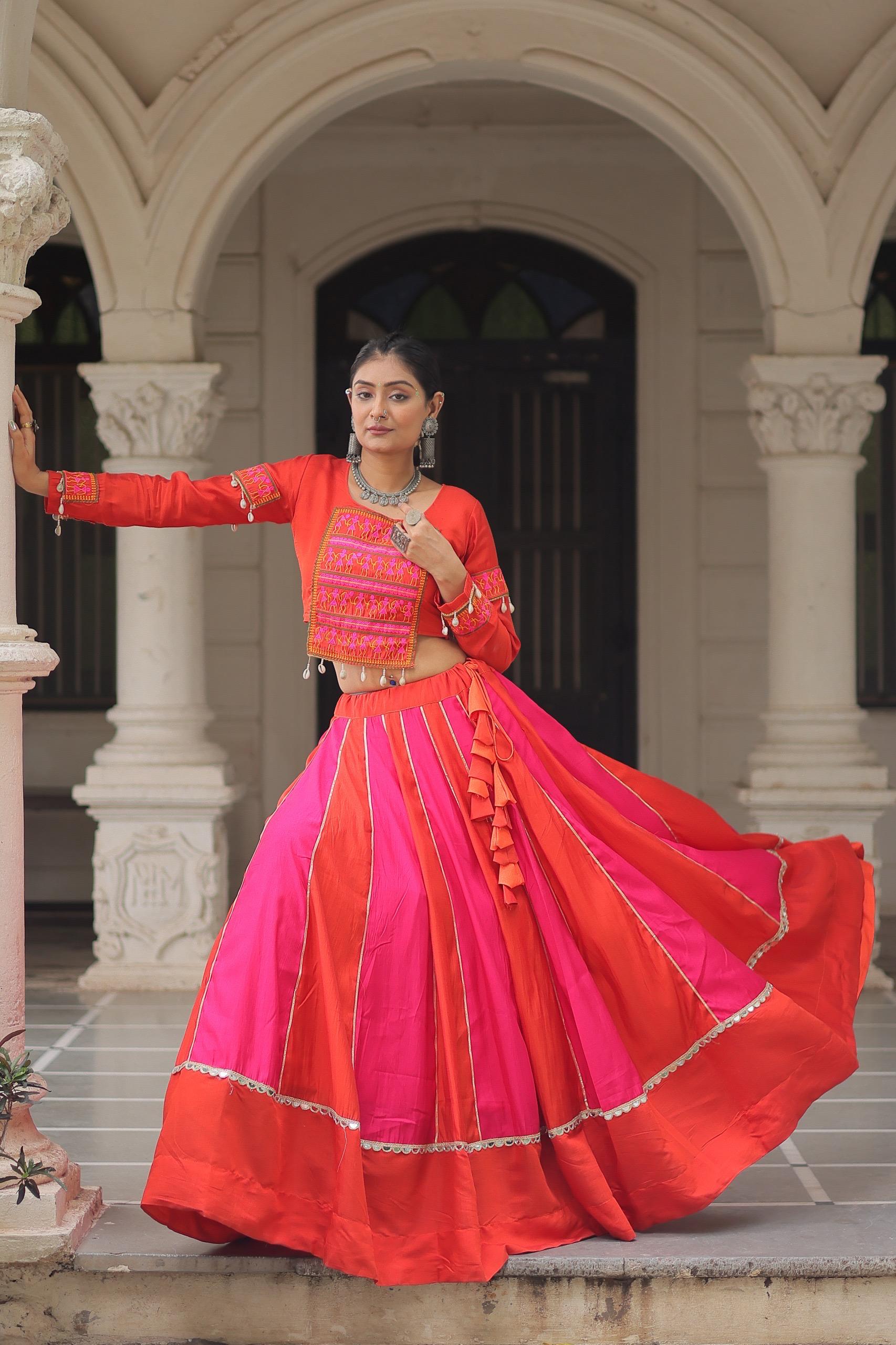 Prazu Fashion Red Roman With Gamthi Thread Embroidered Work Lehenga For Navratri | Grocsy