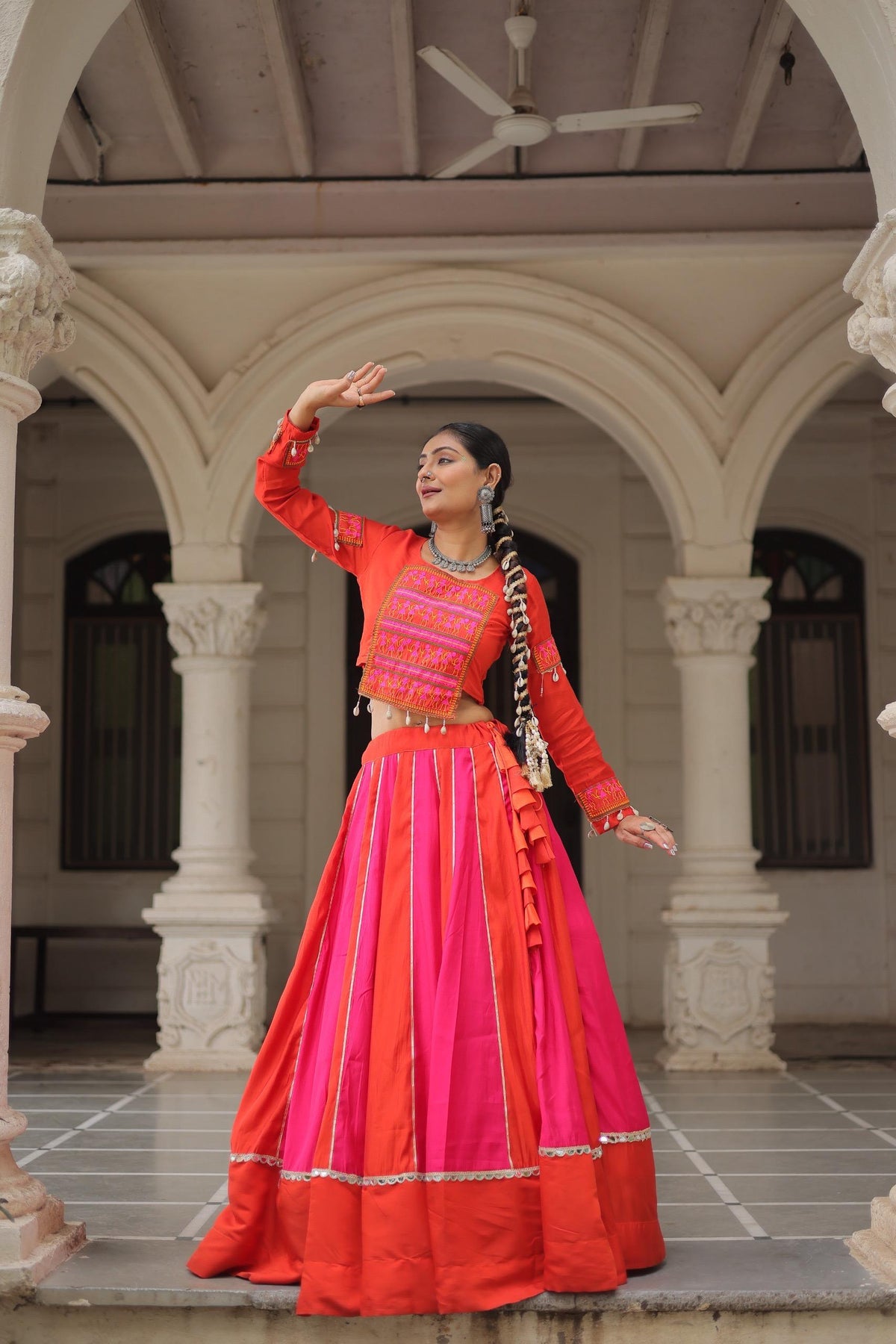 Prazu Fashion Red Roman With Gamthi Thread Embroidered Work Lehenga For Navratri | Grocsy