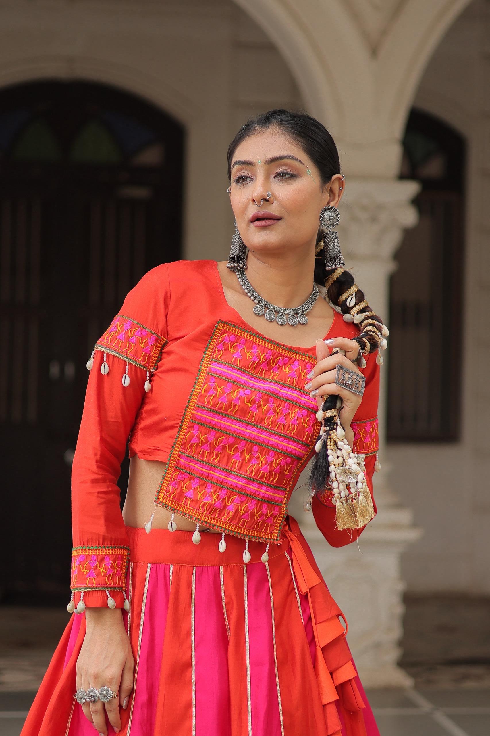 Prazu Fashion Red Roman With Gamthi Thread Embroidered Work Lehenga For Navratri | Grocsy