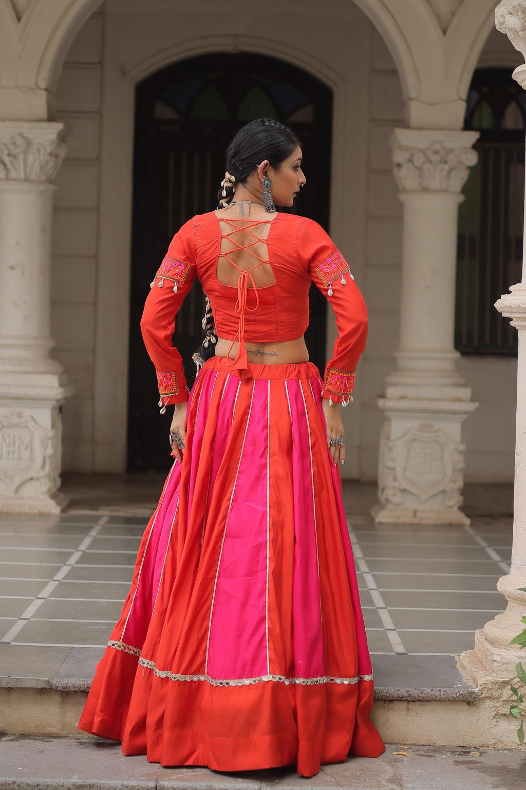 Prazu Fashion Red Roman With Gamthi Thread Embroidered Work Lehenga For Navratri | Grocsy