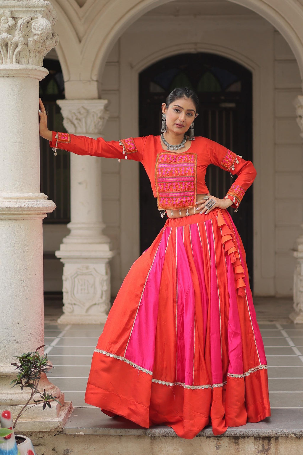 Prazu Fashion Red Roman With Gamthi Thread Embroidered Work Lehenga For Navratri | Grocsy
