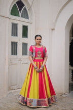 Lorenvalley Fashion Multicolor Roman Silk with attractive Maslin Crochet Print & Gotta lace embellished work Lehenga Choli | Grocsy