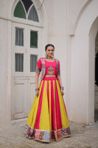 Lorenvalley Fashion Multicolor Roman Silk with attractive Maslin Crochet Print & Gotta lace embellished work Lehenga Choli | Grocsy