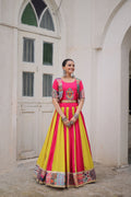 Lorenvalley Fashion Multicolor Roman Silk with attractive Maslin Crochet Print & Gotta lace embellished work Lehenga Choli | Grocsy