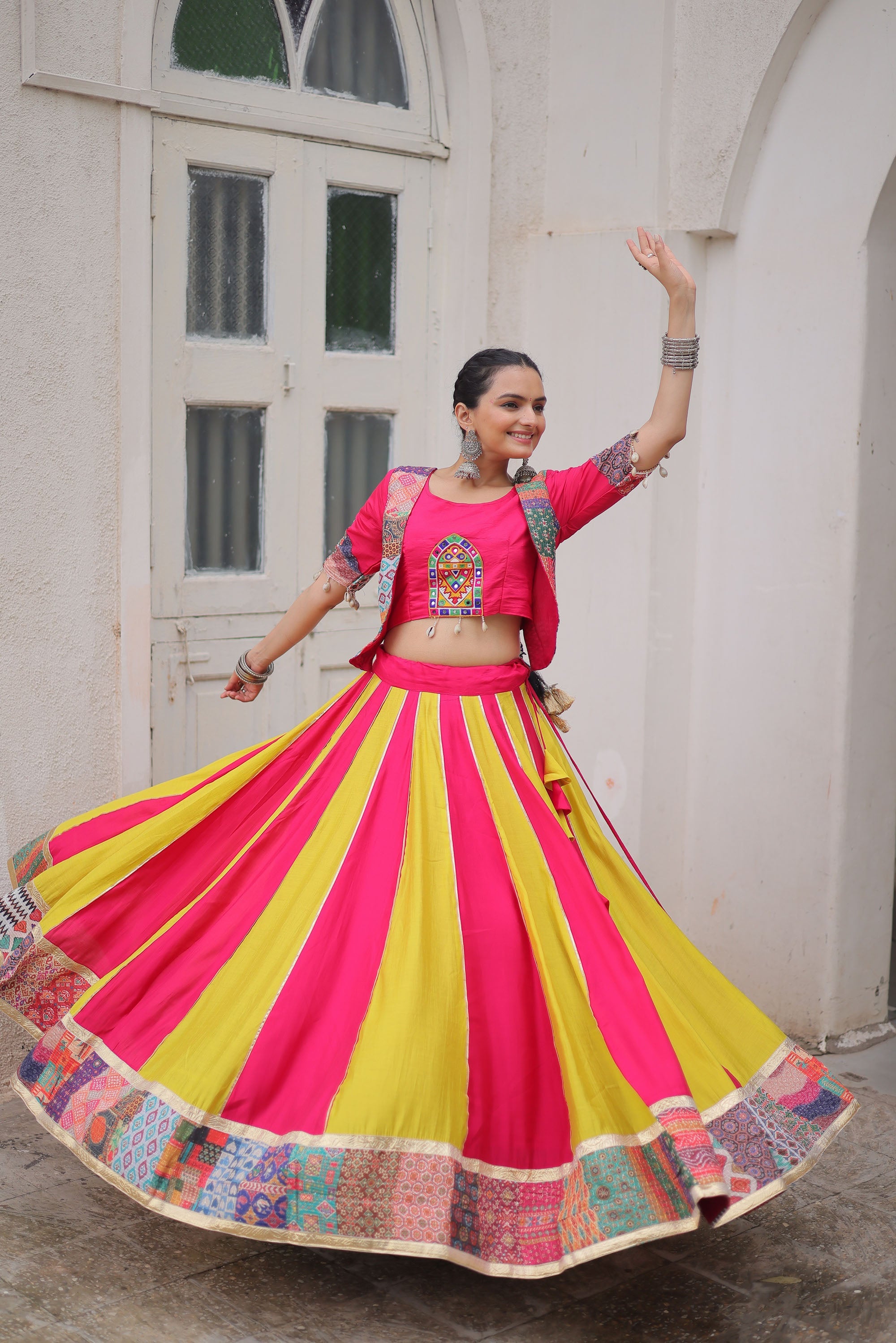Lorenvalley Fashion Multicolor Roman Silk with attractive Maslin Crochet Print & Gotta lace embellished work Lehenga Choli | Grocsy