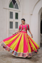 Lorenvalley Fashion Multicolor Roman Silk with attractive Maslin Crochet Print & Gotta lace embellished work Lehenga Choli | Grocsy