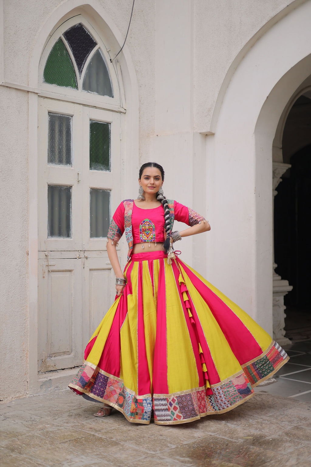 Lorenvalley Fashion Multicolor Roman Silk with attractive Maslin Crochet Print & Gotta lace embellished work Lehenga Choli | Grocsy