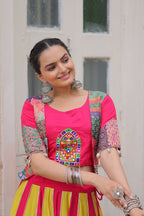 Lorenvalley Fashion Multicolor Roman Silk with attractive Maslin Crochet Print & Gotta lace embellished work Lehenga Choli | Grocsy