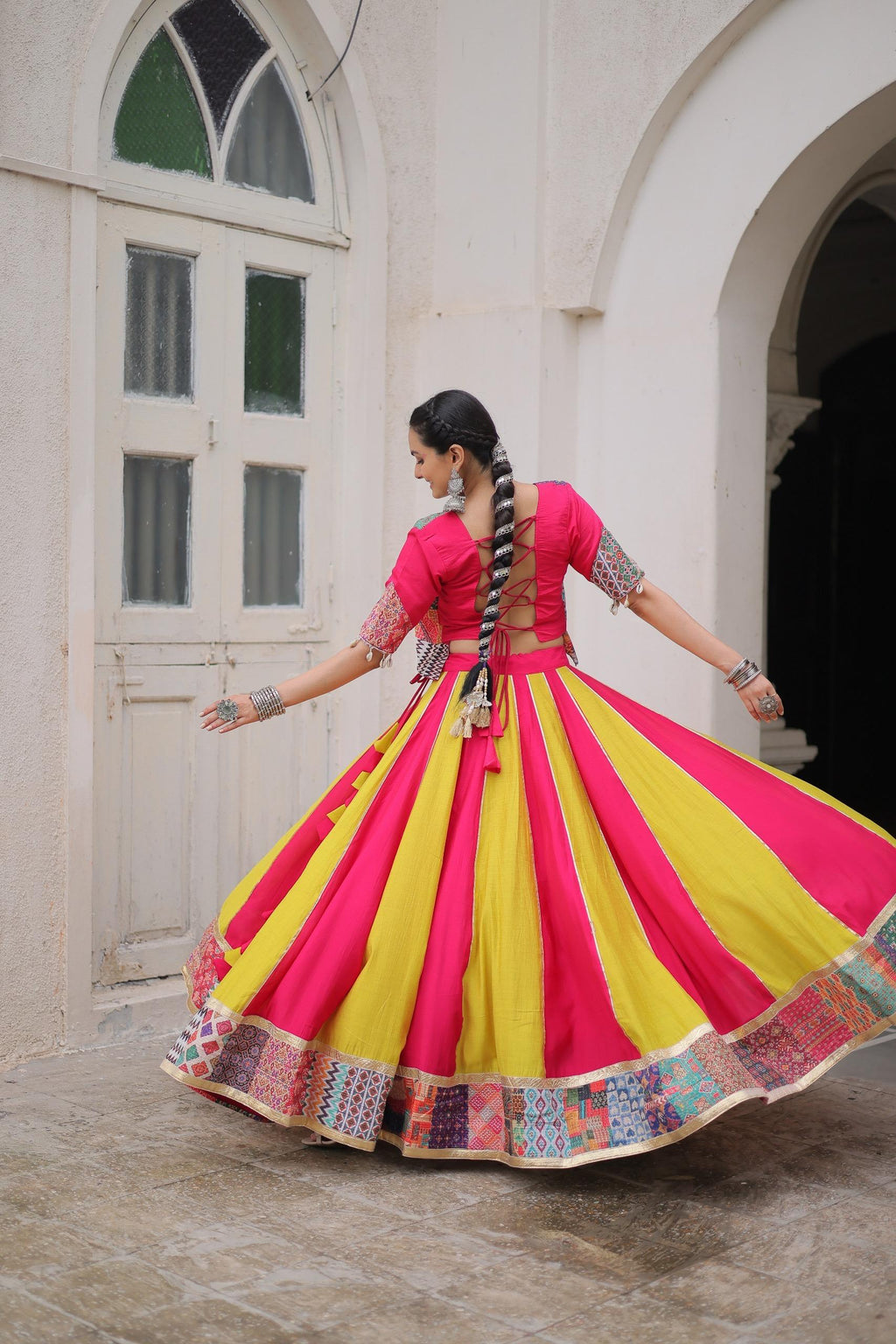 Prazu Fashion Pink Roman With Attractive Maslin Crochet Print Lehenga For Navratri | Grocsy