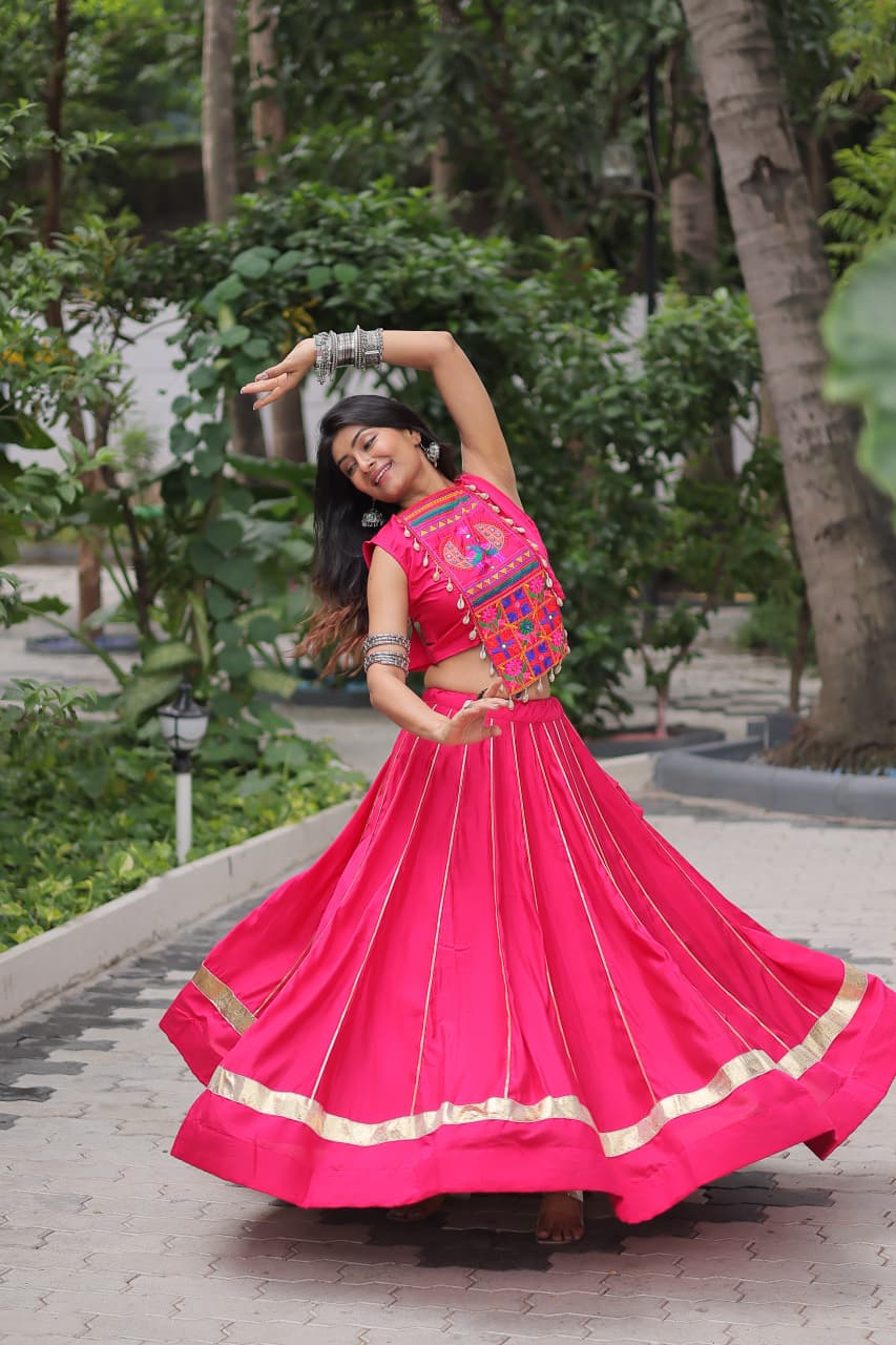 Prazu Fashion Pink Roman Silk Kutchi Gamthi Embroidered & Mirror Work Navaratri Lehenga | Grocsy