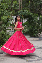 Prazu Fashion Pink Roman Silk Kutchi Gamthi Embroidered & Mirror Work Navaratri Lehenga | Grocsy