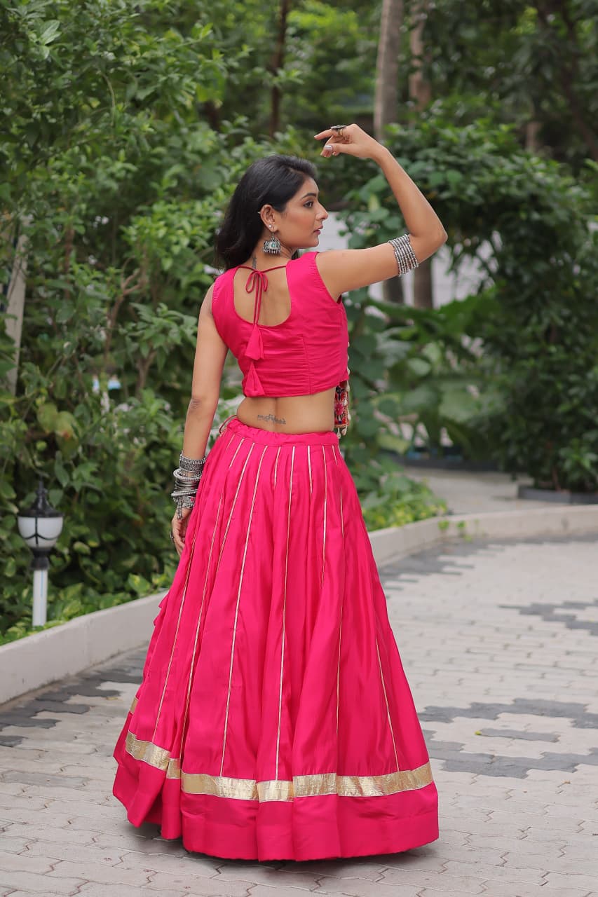 Prazu Fashion Pink Roman Silk Kutchi Gamthi Embroidered & Mirror Work Navaratri Lehenga | Grocsy