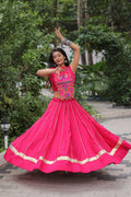 Prazu Fashion Pink Roman Silk Kutchi Gamthi Embroidered & Mirror Work Navaratri Lehenga | Grocsy