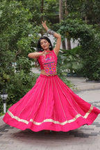 Prazu Fashion Pink Roman Silk Kutchi Gamthi Embroidered & Mirror Work Navaratri Lehenga | Grocsy