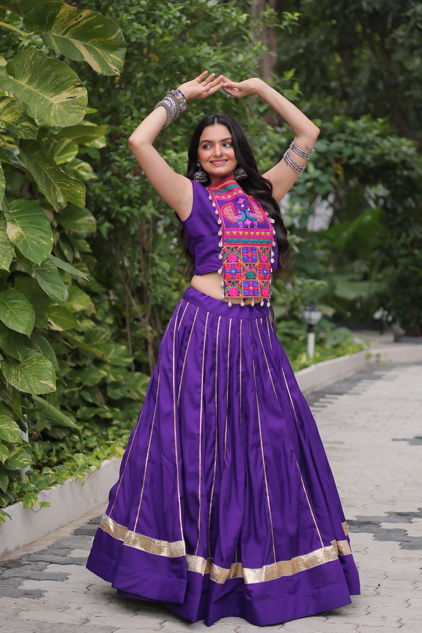 Prazu Fashion Purple Roman Silk Kutchi Gamthi Embroidered & Mirror Work Navaratri Lehenga | Grocsy