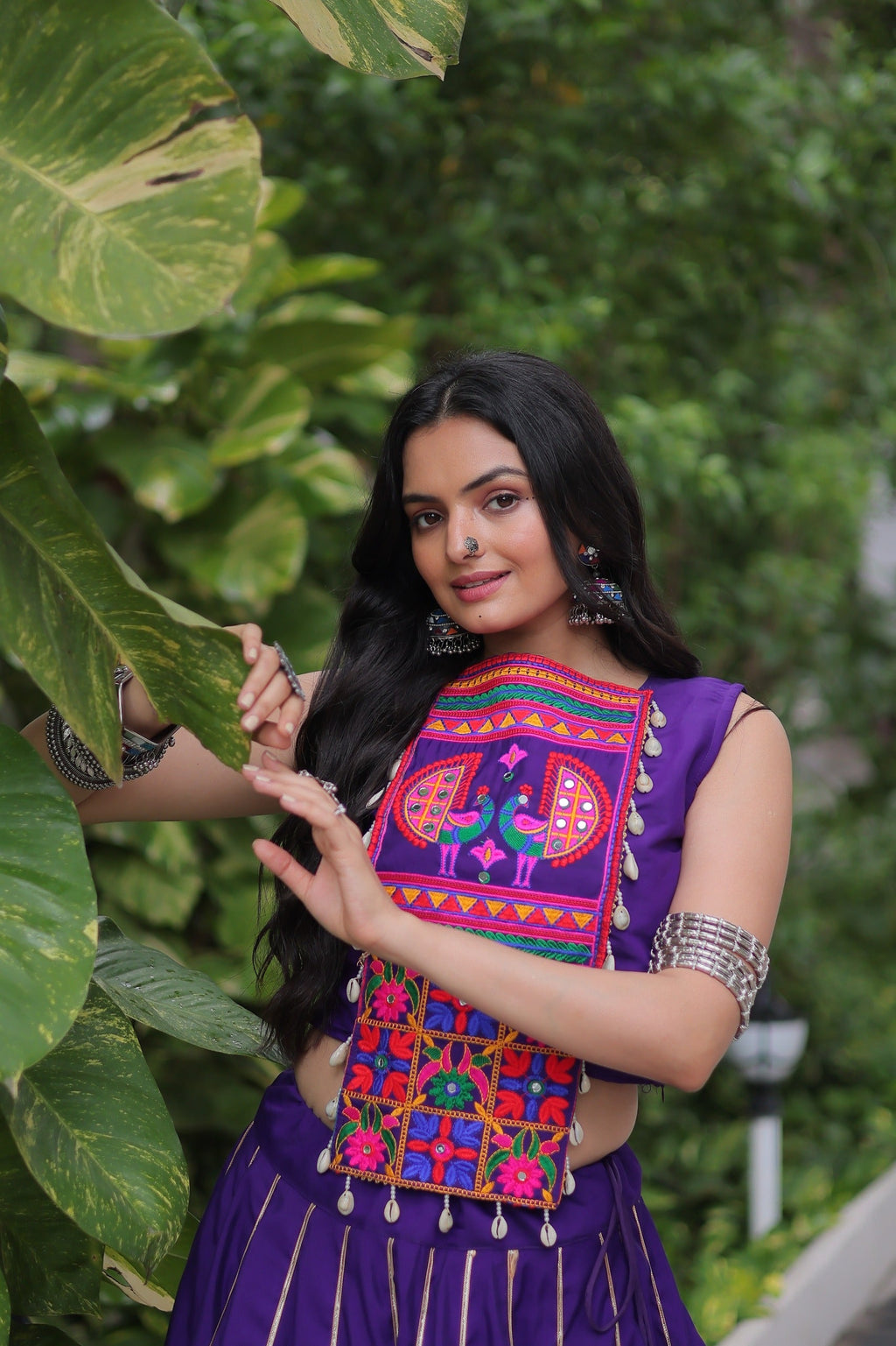 Prazu Fashion Purple Roman Silk Kutchi Gamthi Embroidered & Mirror Work Navaratri Lehenga | Grocsy