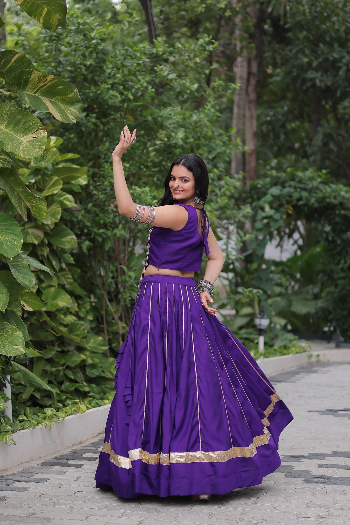 Prazu Fashion Purple Roman Silk Kutchi Gamthi Embroidered & Mirror Work Navaratri Lehenga | Grocsy